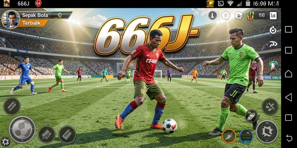 Tampilan gameplay seru dalam 666J, menunjukkan aksi sepak bola yang mendebarkan.