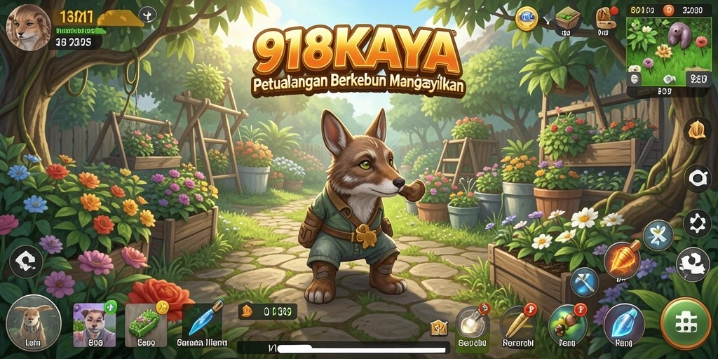 Screenshot gameplay menampilkan kebun yang subur dan penuh warna.
