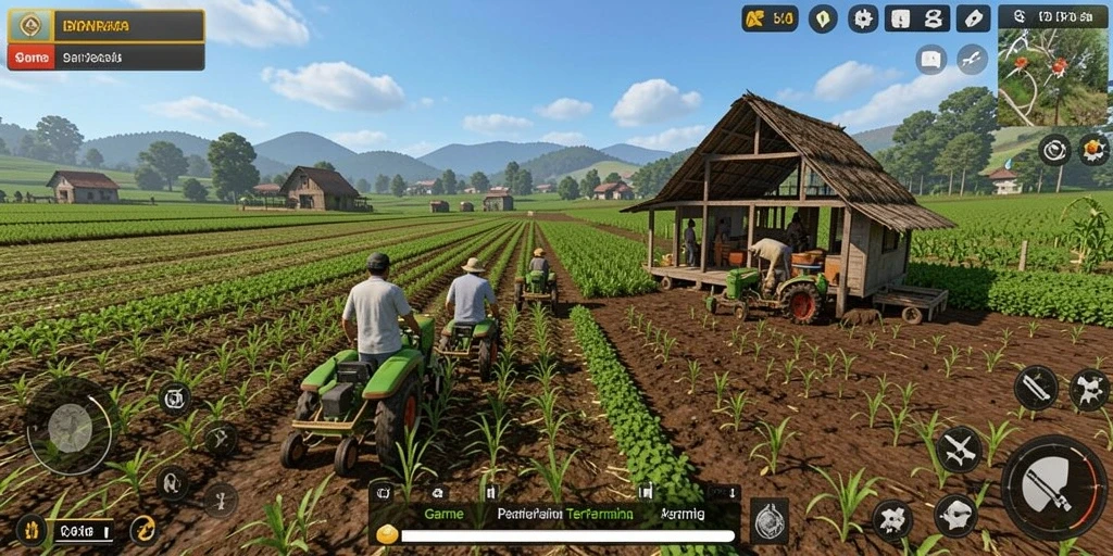 Screenshot mendemonstrasikan gameplay bertani dengan warna-warna cerah.