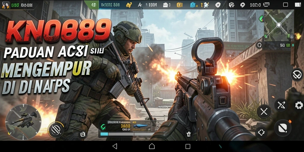 Tangkapan layar gameplay KNO89 yang menampilkan pertempuran intens di medan perang FPS.