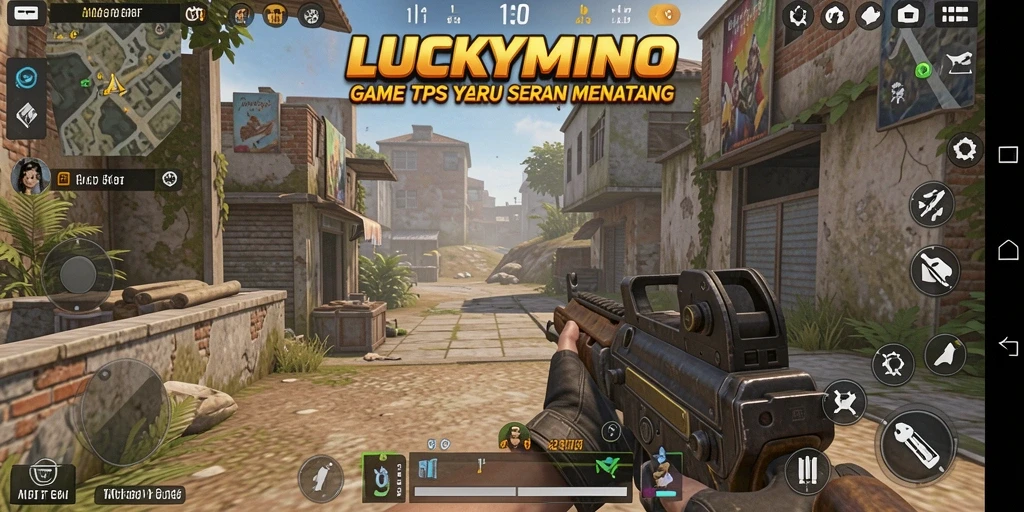 Screenshot utama LUCKYMINO menampilkan aksi tembak-menembak yang seru.