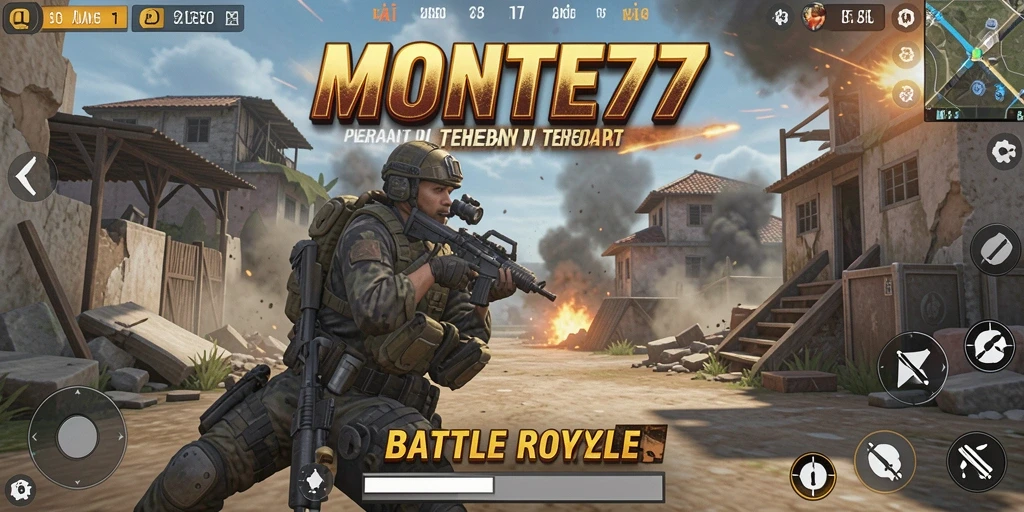 Tangkapan layar gameplay MONTE77 menunjukkan pertempuran seru di arena Battle Royale.