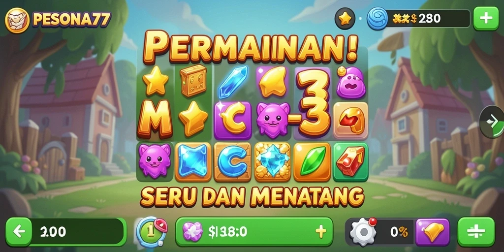 Tangkapan layar utama PESONA77 menampilkan gameplay Match-3 yang penuh warna.