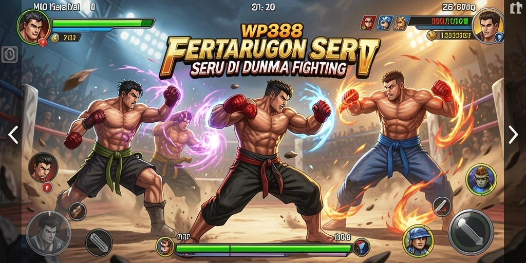 Screenshot WP888 menunjukkan pertarungan intens antara karakter yang beragam.